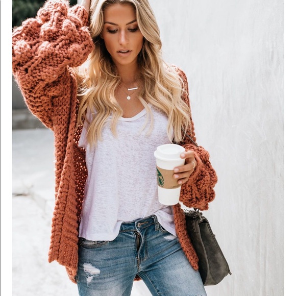 NWT Popcorn Sleeve Rust Handmade Cardigan - Picture 8 of 8